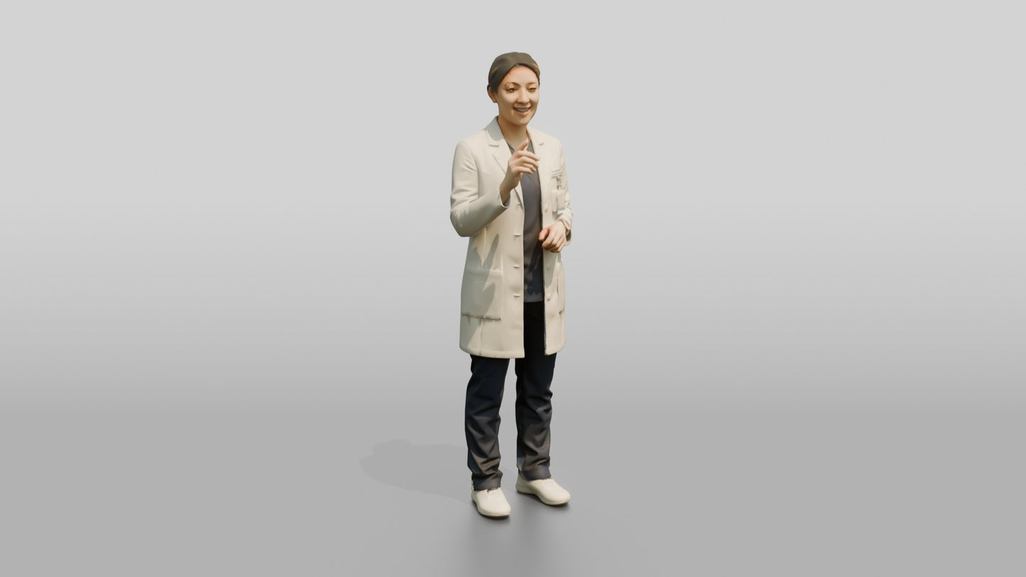 Young East Asian Woman Doctor with Hand Raised