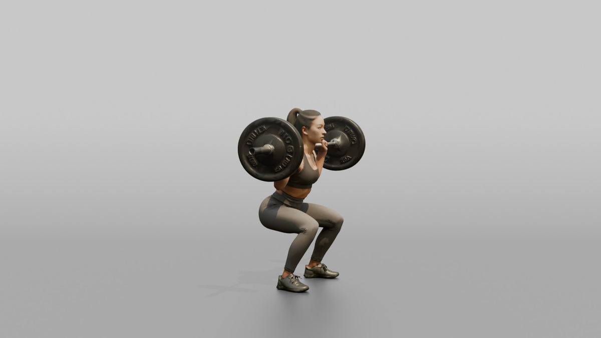 Weightlifter Woman Holding A Barbell Across The Shoulders In A Squat Stance - 3D character model, view 2