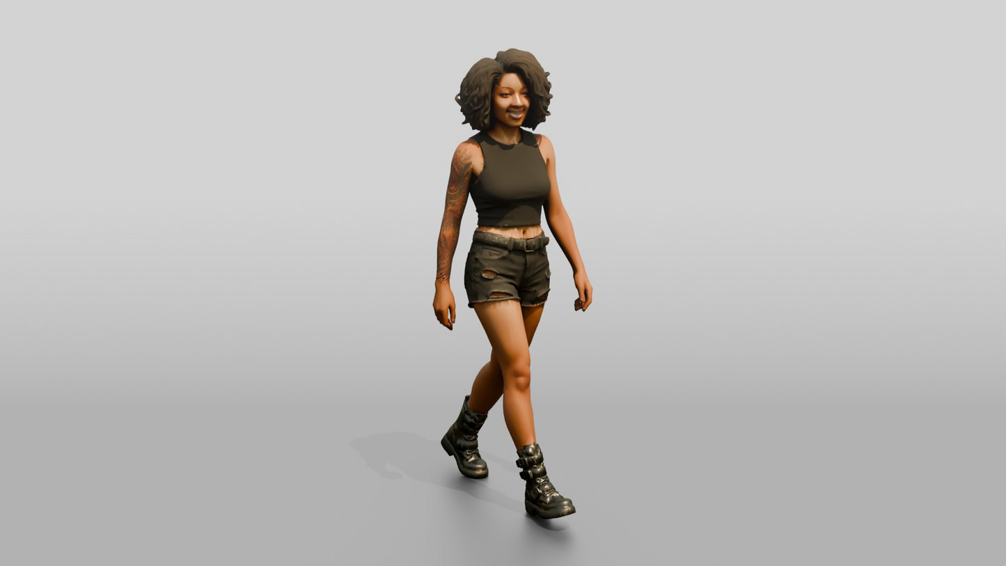 Woman with Curly Hair Walking in Olive Tank Top and Shorts
