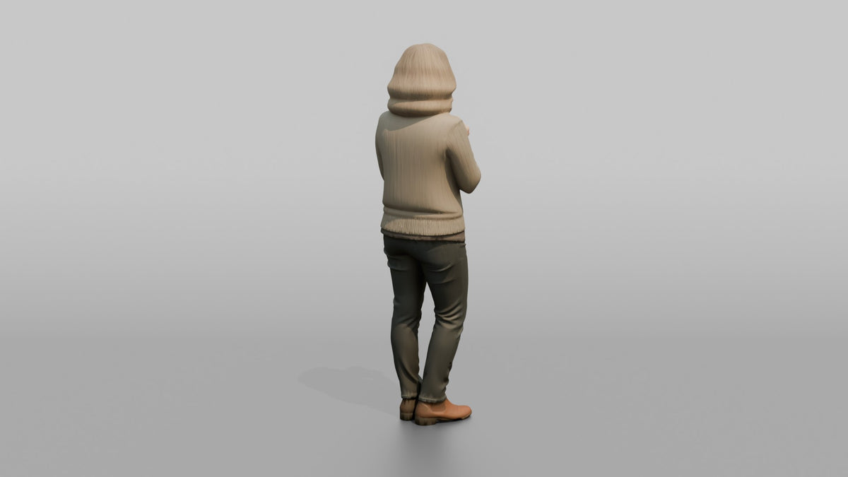 Mother Holding A Coffee Mug With Both Hands, Warming Them - 3D character model, view 3