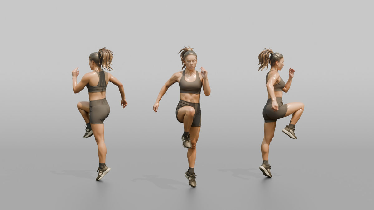 Cardio Athlete Woman Doing High Knees In Place - 3D character model, view 1