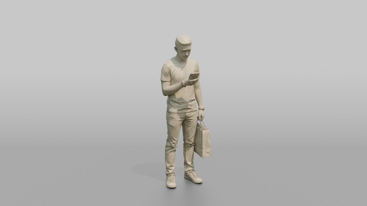 Man Customer Checking His Phone While Holding A Shopping Bag - wireframe topology preview