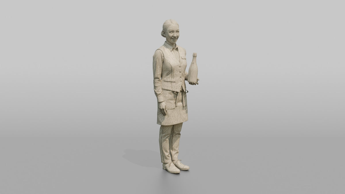 Cocktail Server Woman Holding A Bottle Of Champagne - wireframe topology preview