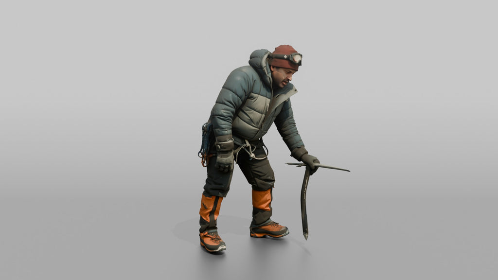 Climber Leaning on an Ice Axe, Catching Her Breath