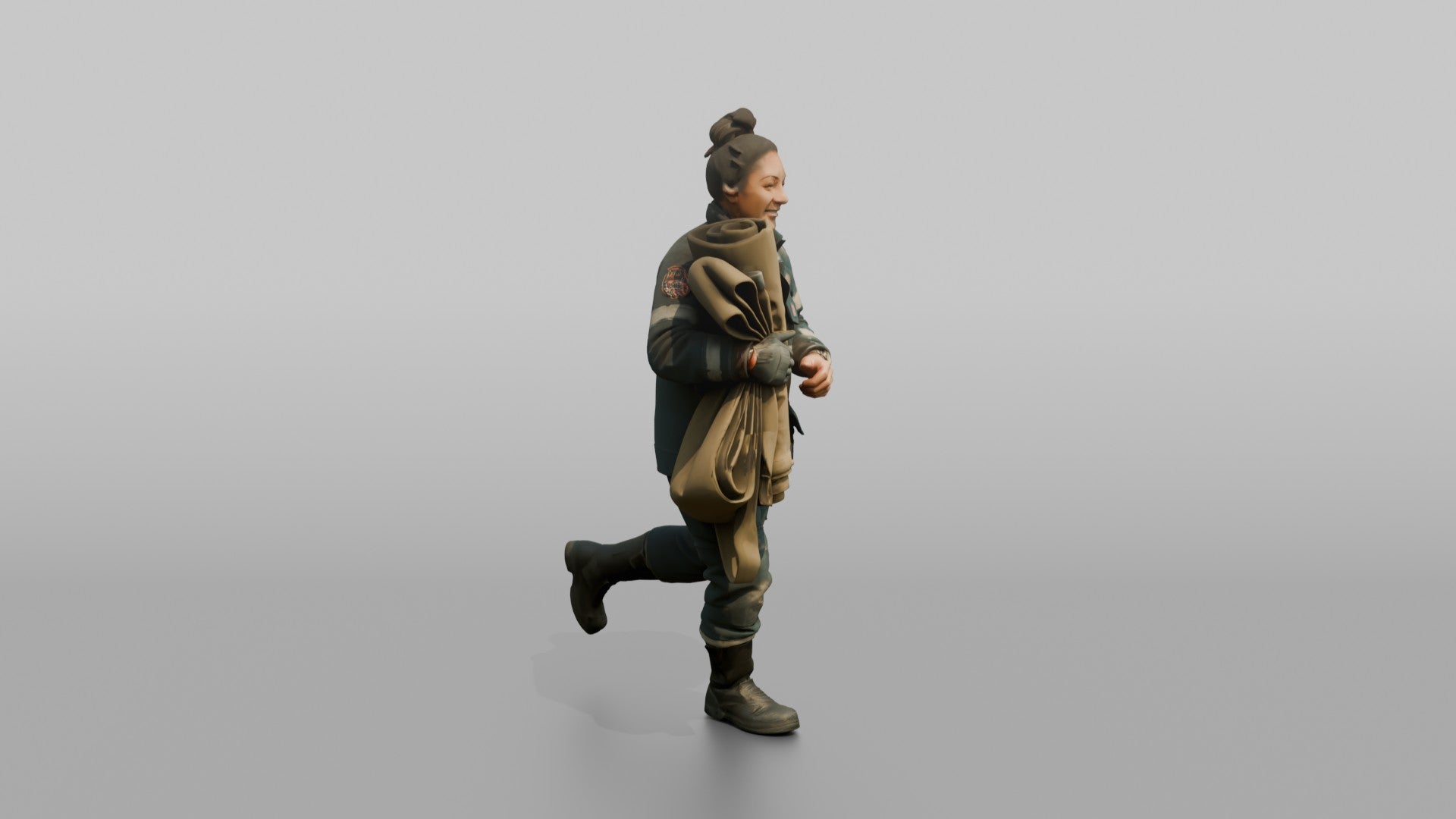 Firefighter Woman Jogging While Carrying a Salvage Cover Tarp