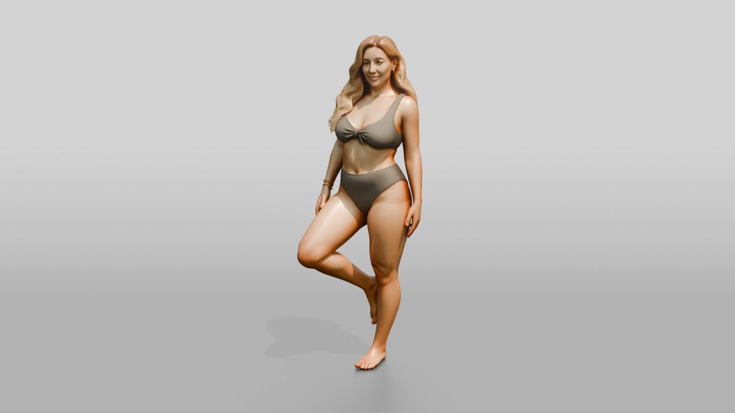 Blonde Curvy Woman in Taupe Two-Piece Swimsuit Tree Pose