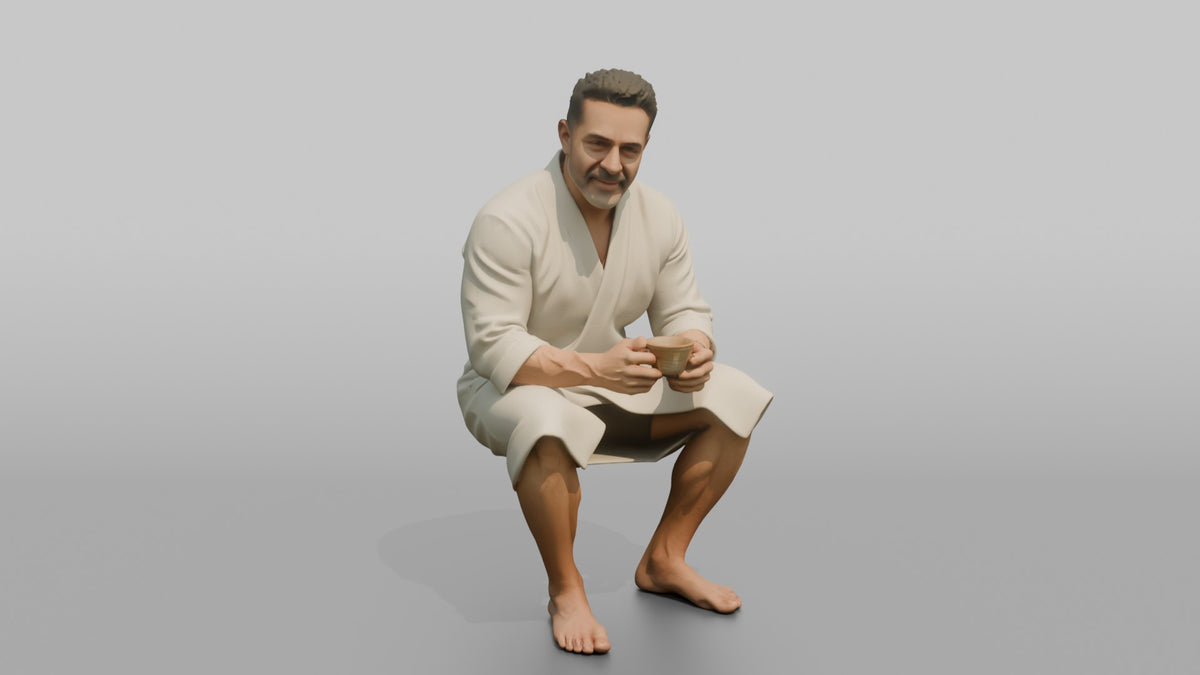 Spa Client Man Sitting Holding A Cup Of Herbal Tea With Both Hands - 3D character model