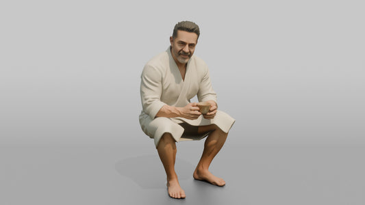 Spa Client Man Sitting Holding A Cup Of Herbal Tea With Both Hands - 3D character model