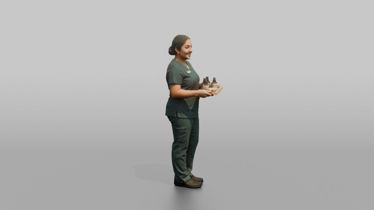 Esthetician Man Holding A Small Tray Of Skincare Products - 3D character model, view 2