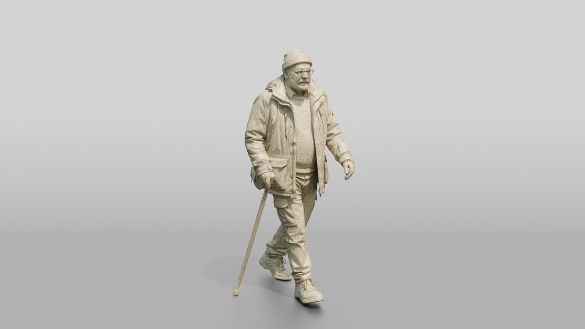 Elderly White Man Walking Slowly in Waterproof Jacket - wireframe topology preview