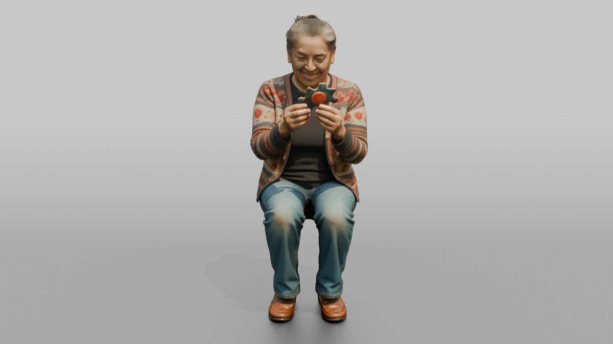 Grandmother Holding A Jigsaw Puzzle Piece, Examining It - 3D character model, view 5
