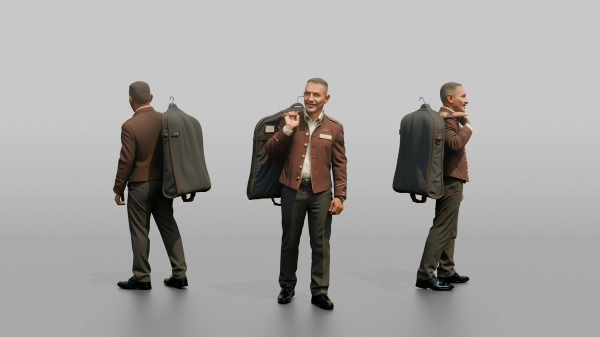 Bellhop Man Carrying A Garment Bag Over One Shoulder - 3D character model, view 1