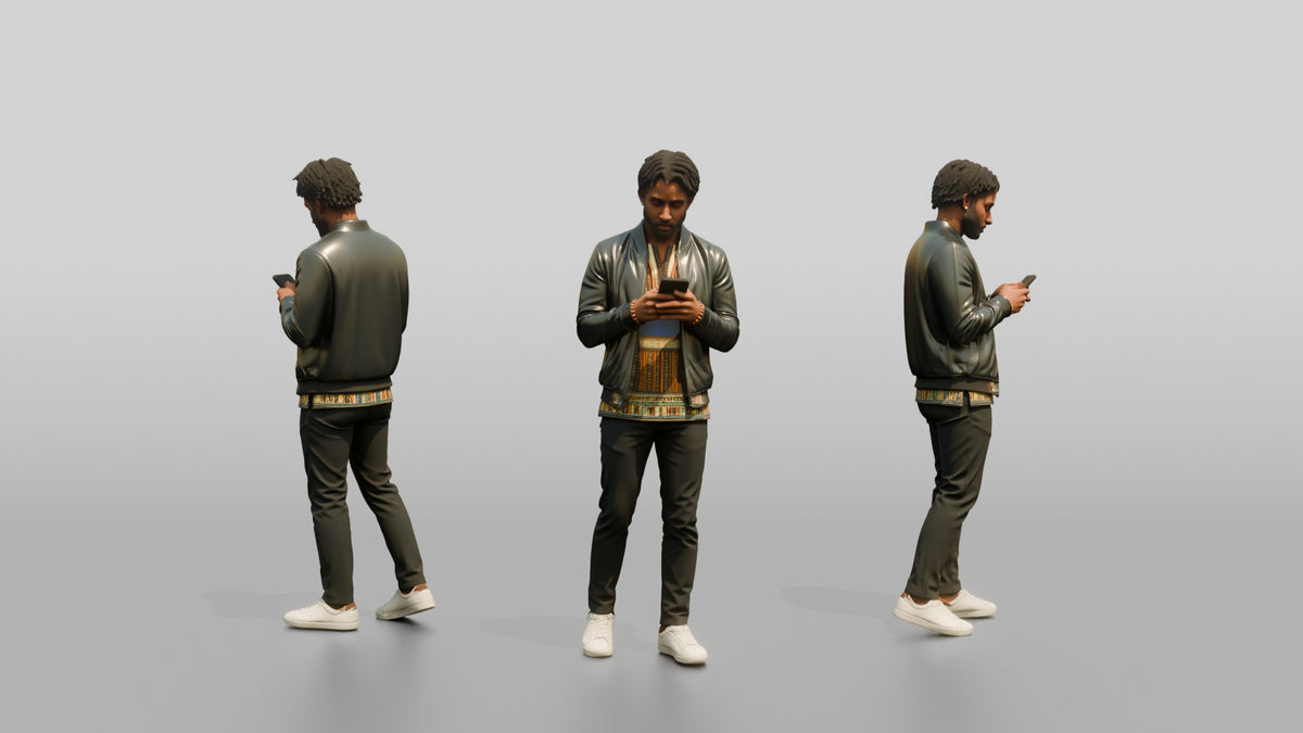 Stylish African Man Texting in a Leather Bomber Jacket - 3D character model