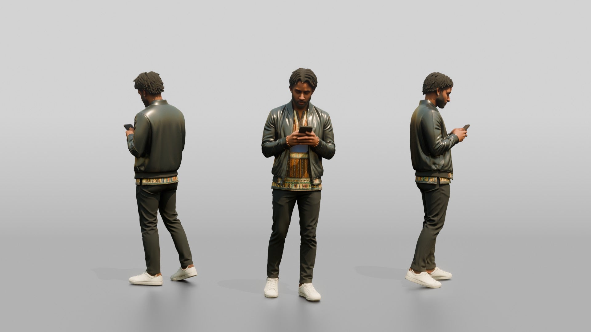 Stylish African Man Texting in a Leather Bomber Jacket