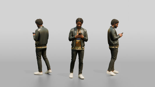 Stylish African Man Texting in a Leather Bomber Jacket