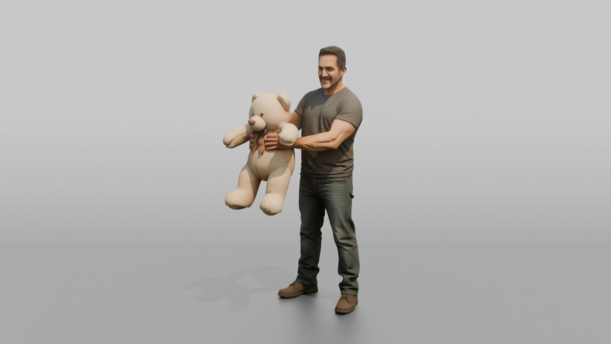 Father Holding A Large Teddy Bear Out In Front Of Him With Both Hands - 3D character model, view 4