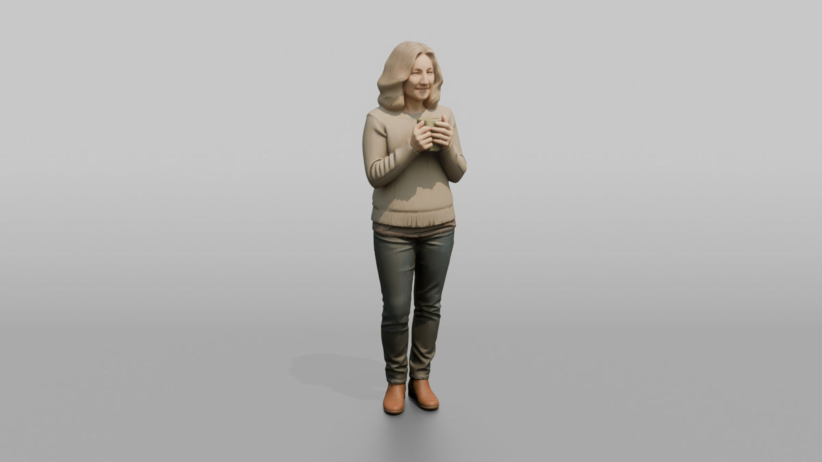 Mother Holding A Coffee Mug With Both Hands, Warming Them - 3D character model
