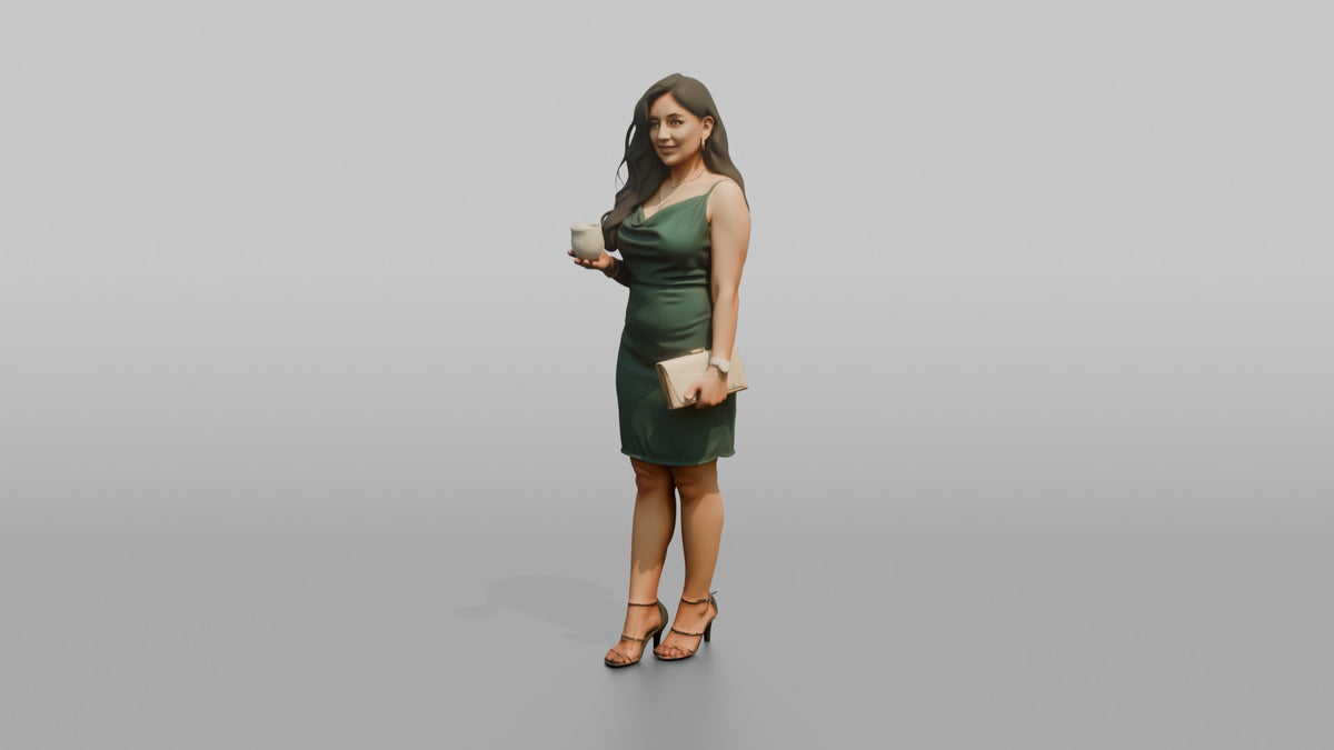 Patron Woman Standing With A Clutch Bag, Holding A Drink - 3D character model, view 4