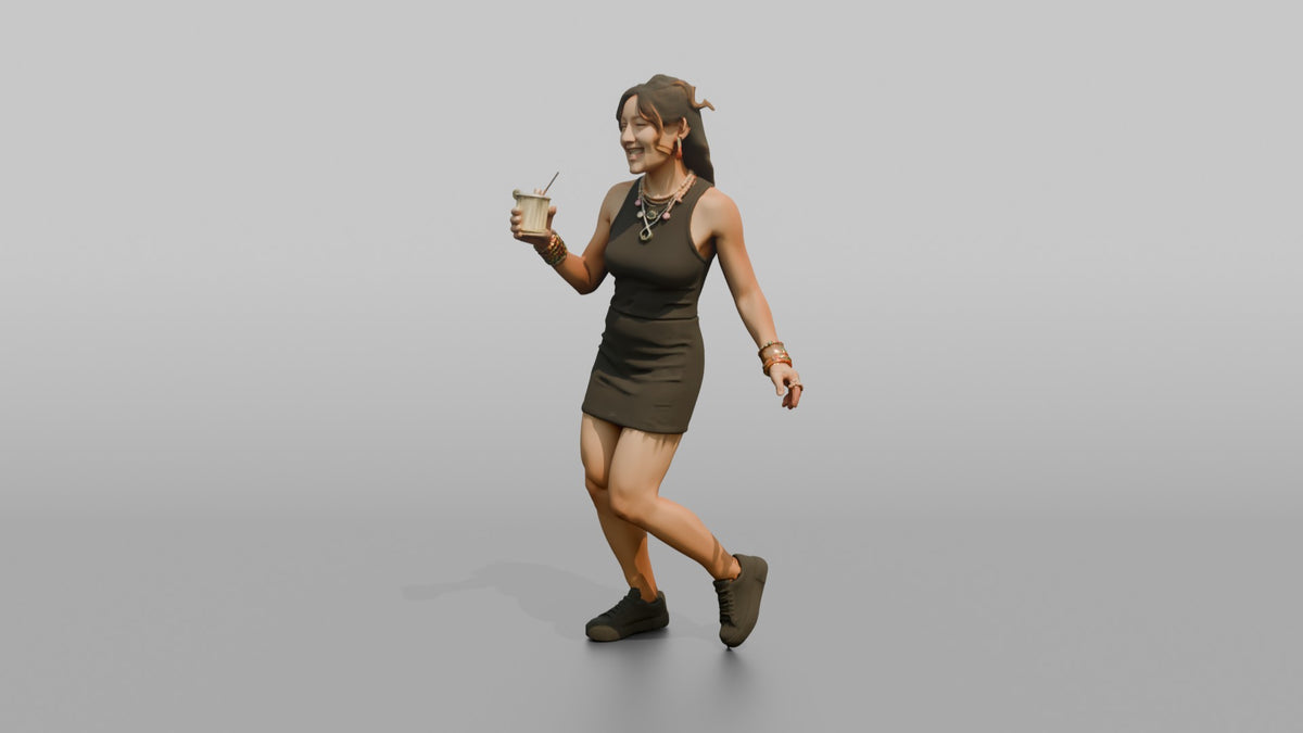 Patron Woman Wearing Chunky Colorful Jewelry, Dancing With A Drink In Hand - 3D character model, view 4