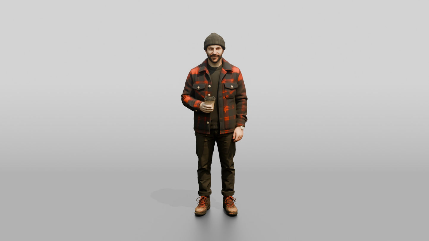 Caucasian Man in Plaid Flannel Jacket with Coffee
