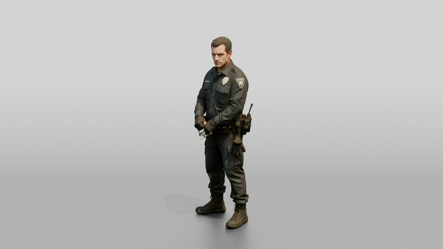 Caucasian Male Guard in a Navy Blue Tactical Uniform