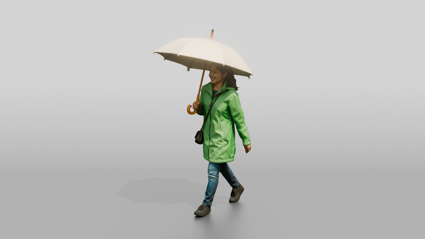 Indian Woman in Green Raincoat with White Umbrella