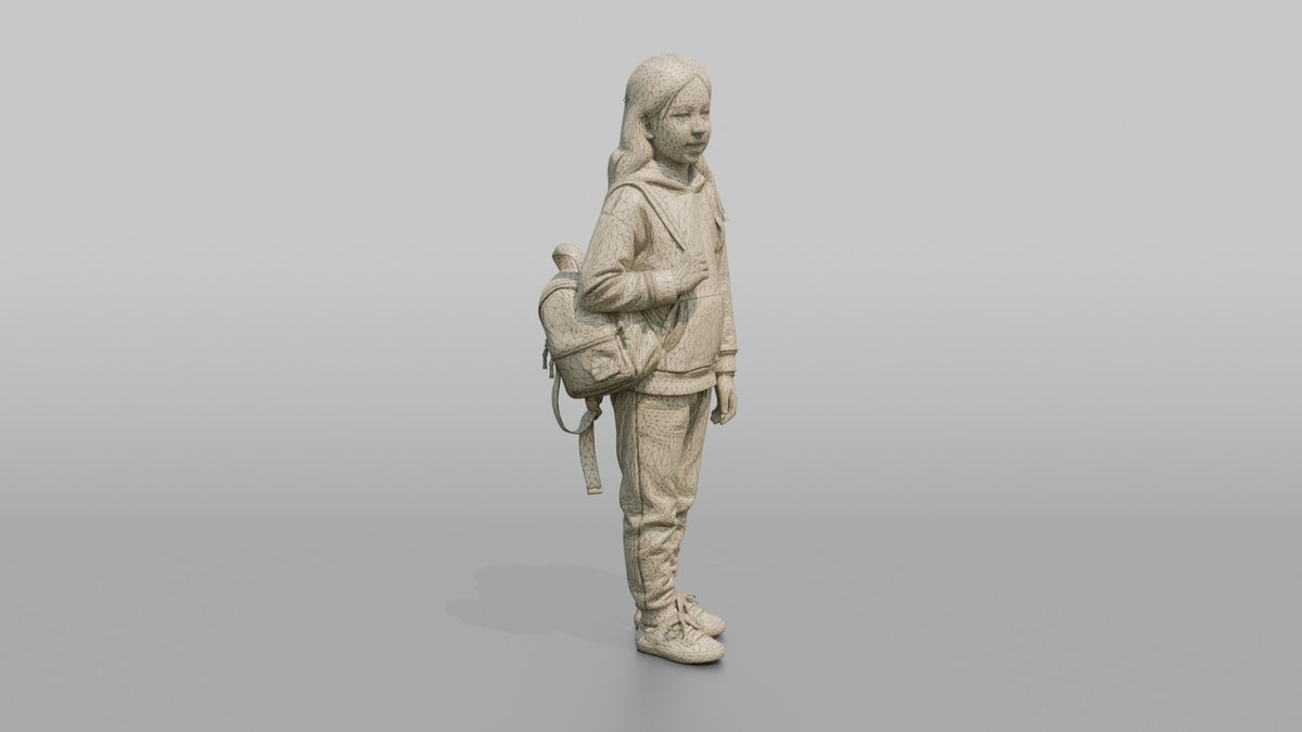 Daughter Carrying A Small Backpack By One Strap - wireframe topology preview