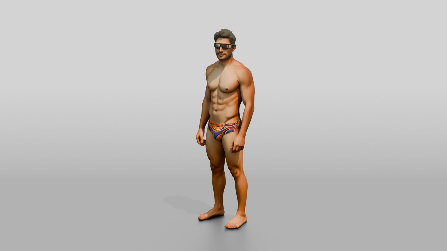 Latino Athlete in Orange Swim Brief Beach Pose