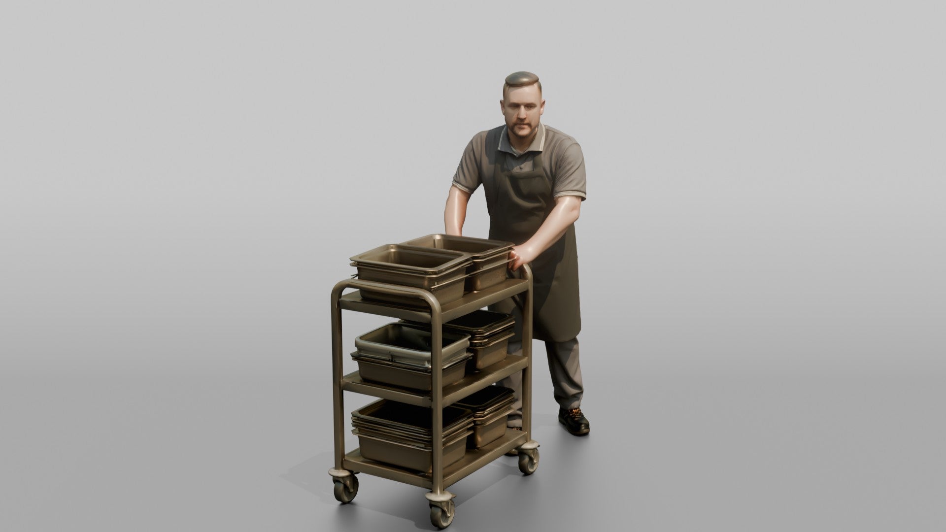 Mess Attendant Pushing a Food Trolley