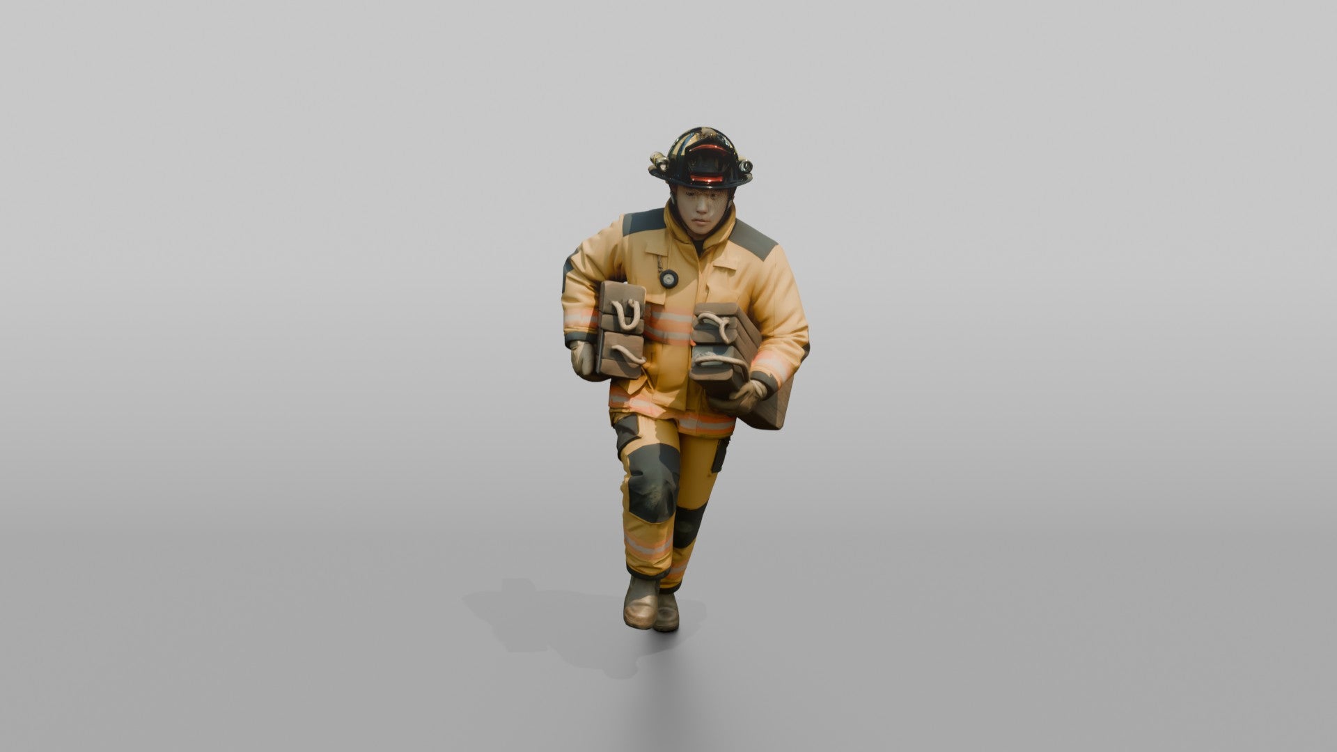 Firefighter Man Sprinting Forward While Carrying Heavy Wooden Stabilization Chocks