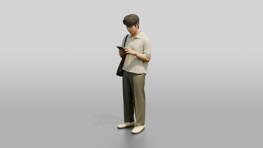 Man Checking Phone in Cream Polo