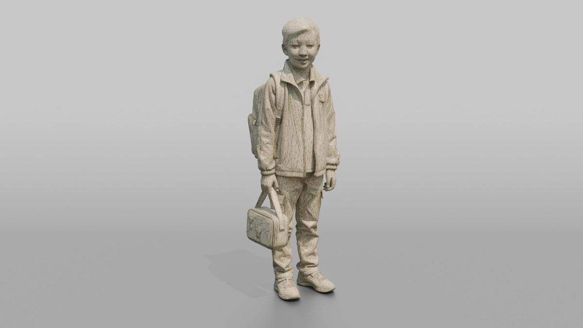 Son Carrying A School Lunchbox By Its Handle - wireframe topology preview