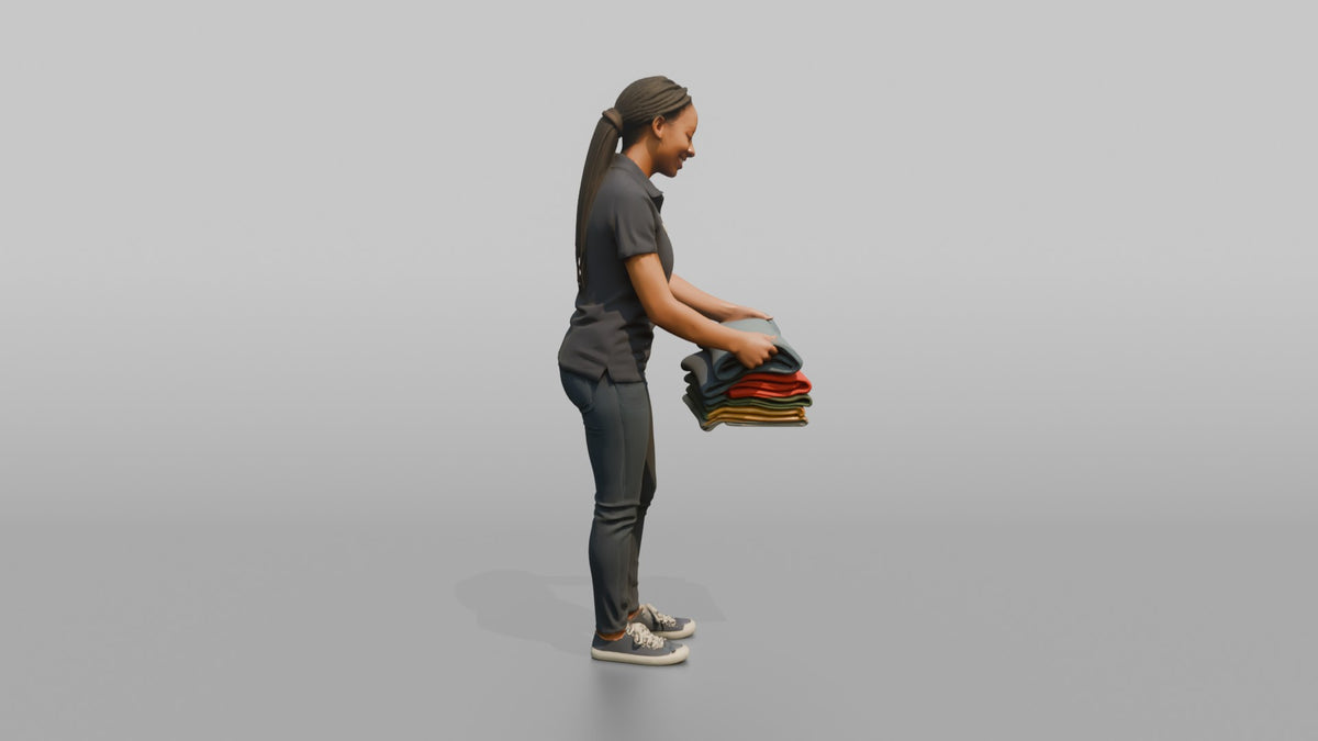 Woman Sales Associate Folding A Stack Of Sweaters - 3D character model, view 2