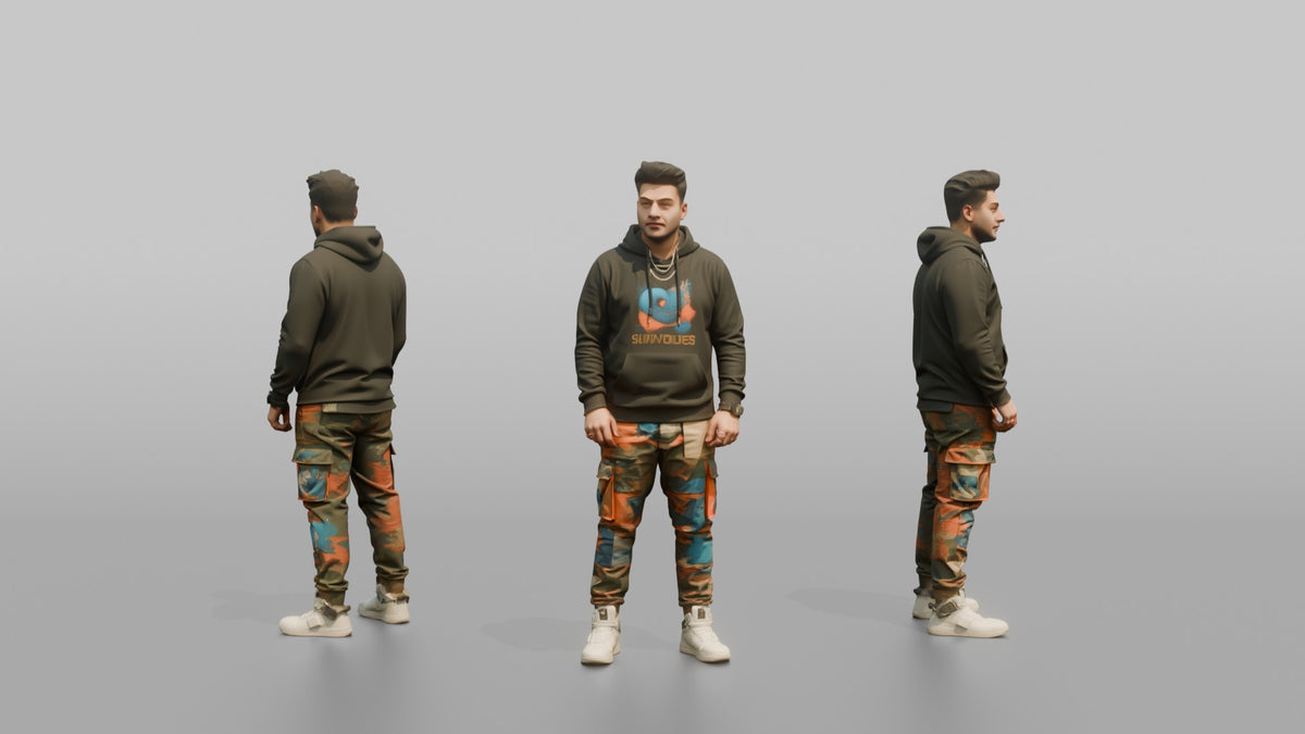 Patron Man Striking A Pose In Colorful Cargo Pants And A Graphic Hoodie - 3D character model, view 1