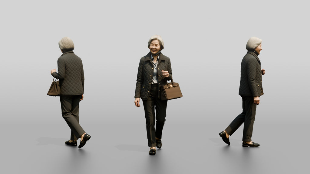 Elderly Asian Woman in Quilted Jacket with Luxury Handbag