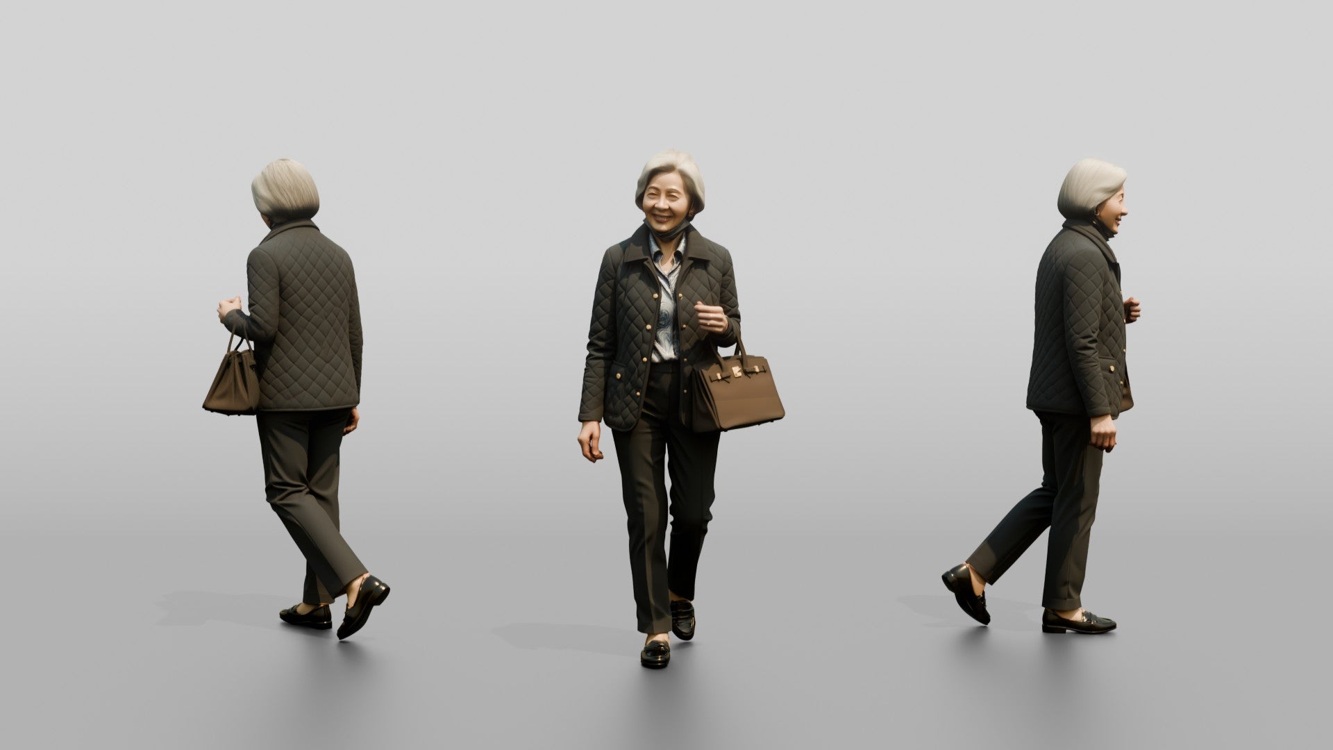 Elderly Asian Woman in Quilted Jacket with Luxury Handbag