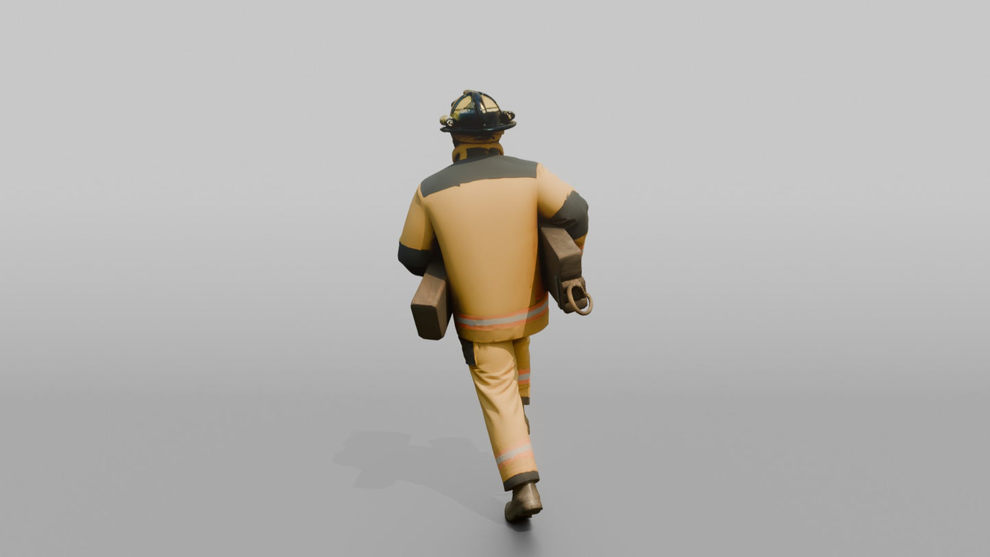 Firefighter Man Sprinting Forward While Carrying Heavy Wooden Stabilization Chocks
