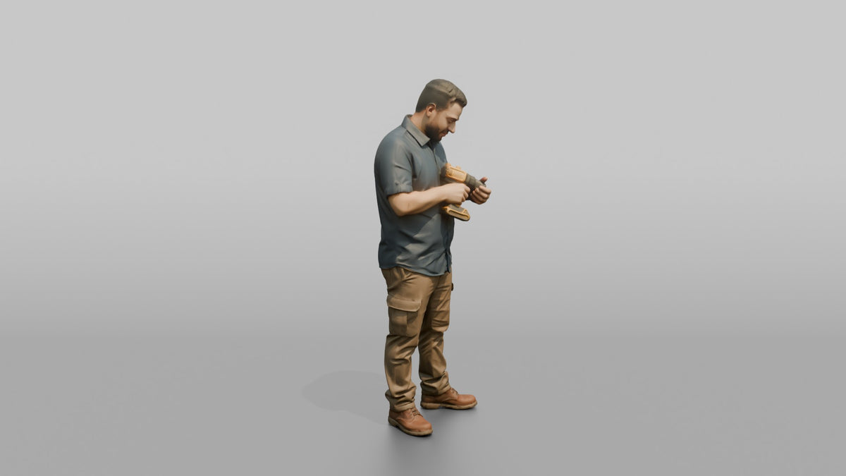 Father Holding A Power Drill, Examining It - 3D character model, view 2