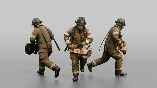 Firefighter Man Running Forward with a Rotary Rescue Saw