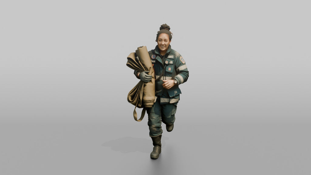 Firefighter Woman Jogging While Carrying a Salvage Cover Tarp