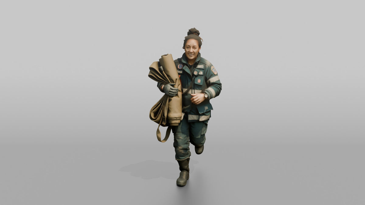 Firefighter Woman Jogging While Carrying a Salvage Cover Tarp - 3D character model, view 5