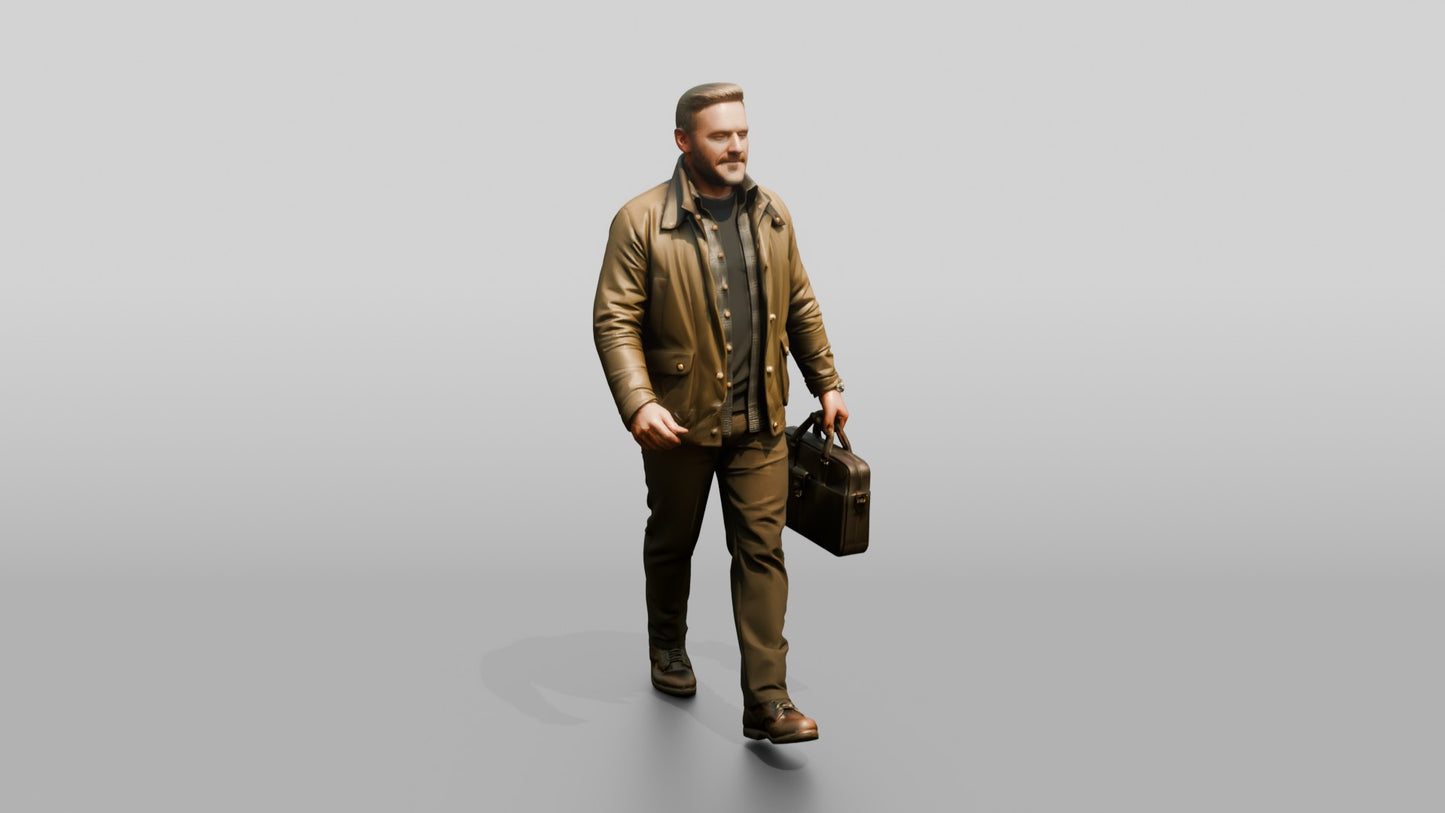 White Man Walking with a Briefcase in Waxed Jacket