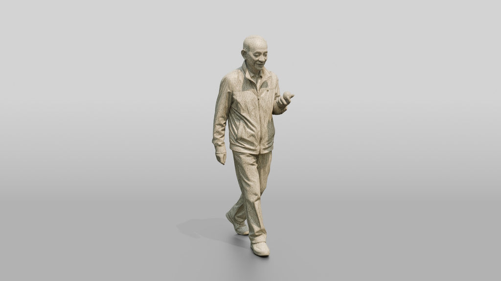 Elderly Chinese Man Walking with Hand Exercise Balls