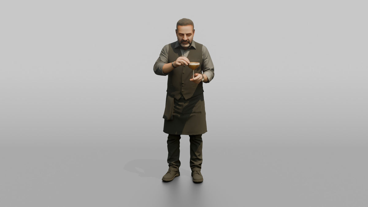 Bartender Man Garnishing A Cocktail With A Lime Wedge - 3D character model, view 5