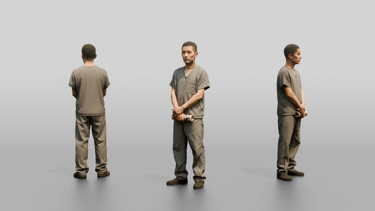 East Asian Male Prisoner in a Grey Scrub Uniform