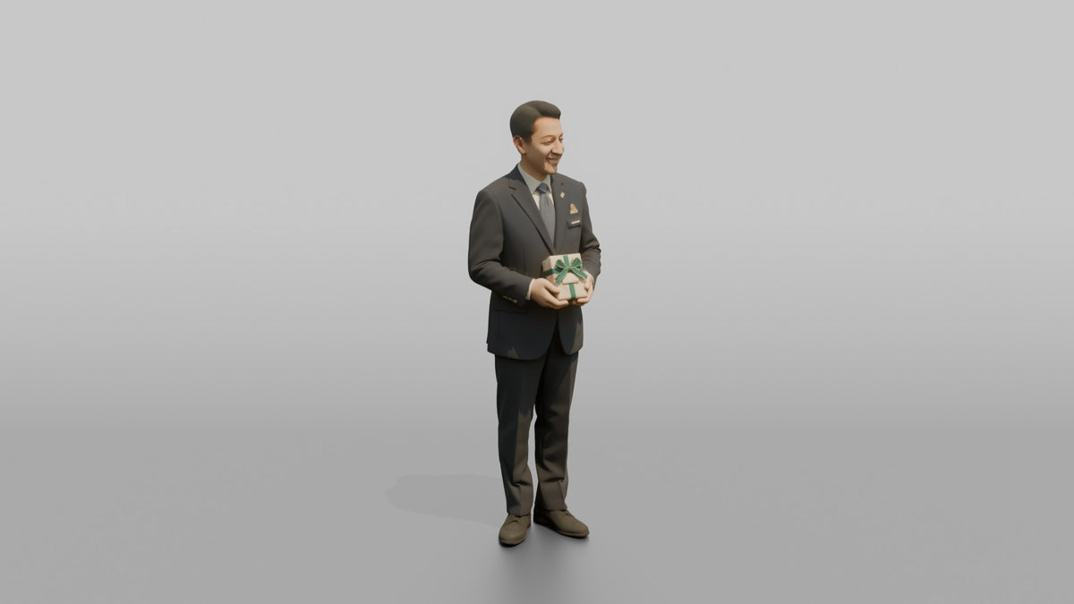 Concierge Woman Holding A Small Gift-wrapped Welcome Package - 3D character model