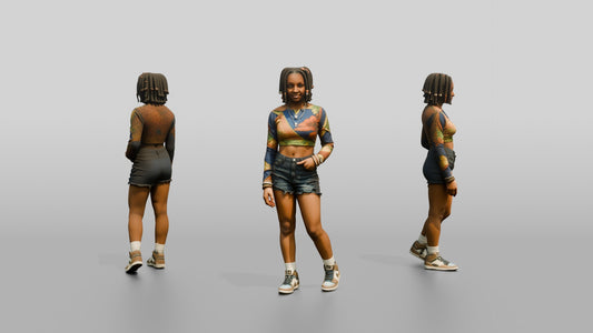 African Woman in Colorful Crop Top and Denim Shorts