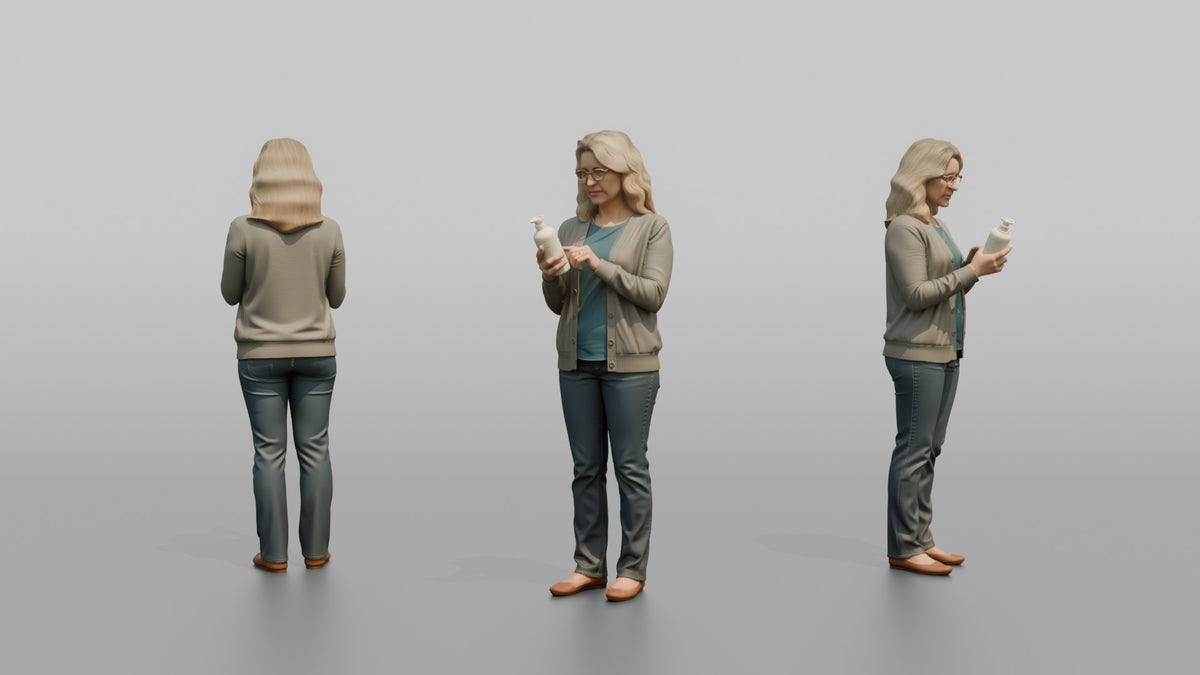 Woman Customer Reading The Label On A Bottle Of Lotion - 3D character model, view 1