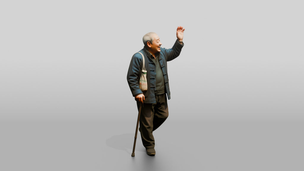 Elderly Chinese Man Waving While Walking with Cane