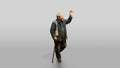 Elderly Chinese Man Waving While Walking with Cane